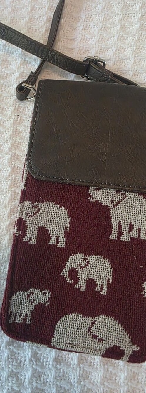 Thirty-One Maroon Elephant Pattern Canvas & Brown Faux Leather Crossbody Bag